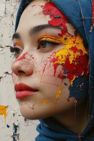 Oil painting captivating artwork of a woman's face, where vibrant colors—red, dark blue, and yellow—are artistically cracked and peeling. Include visible stitching across various parts of the face, adding an element of intrigue and transformation. The paint should appear textured and dynamic, revealing layers beneath. Highlight her eyes with intricate details as a focal point, while the background features an abstract blend of complementary colors and textures. Incorporate subtle elements symbolizing renewal and metamorphosis, such as hints of nature or geometric shapes, to enhance the surreal and transformative theme. background,Syazi89,RealisticNeemo,ArcylicOil Painting 1,Oil painting effect 