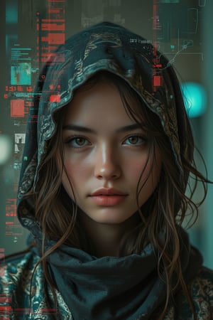 highly detailed, realistic portrait of a young woman with flowing, messy hair, partially covered by a dark hood. The image should blend cyberpunk and glitch art aesthetics, featuring abstract digital distortions, neon lighting, and vibrant, contrasting colors like teal and red. The background should appear as if it’s glitching, with pixelated and blurred textures, giving a futuristic, dystopian vibe. The overall tone should be moody and introspective, with the subject gazing directly at the viewer, illuminated by soft, diffused light., L1LY,Midjourney_Whisper