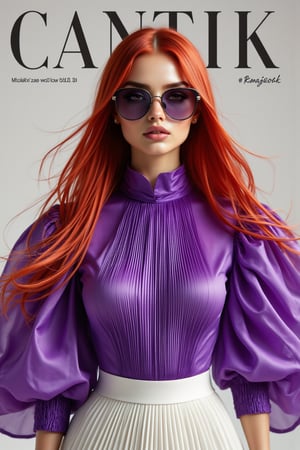 Photography of beautiful woman with a red flowy hair instyle with long straight and silky hair is on the cover of a magazine with the name "CANTIK" on it. Malay woman wearing puffblouse wear. stylish aviator shades adding a modern touch. Soft natural lighting, highlighting her confident expression and a purple blouse with dramatic puffed sleeves, a pleated white skirt, ethereal lighting, evoking a sense of elegance and grace.The composition is balanced, with her eyes looking directly at the camera. The background is subtle, focusing attention on his stylish look and confident  Magazine cover, real cover, cover, english text samurai.,aidmafluxpro1.1,Zur1n3,cubiststyle,MYtypography,typography,art and style,Puffblouse