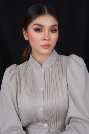 A medium-sized portrait of an Asian woman with dark brown hair pulled back into a bun. Her eyes are a piercing blue and her eyebrows are a darker shade of brown. Her lips are a lighter shade of pink. She is wearing a light gray button-down shirt with a white collar. Her hair is pulled back in a ponytail. The backdrop is a dark shade of black.,Resaqis,Puffblouse