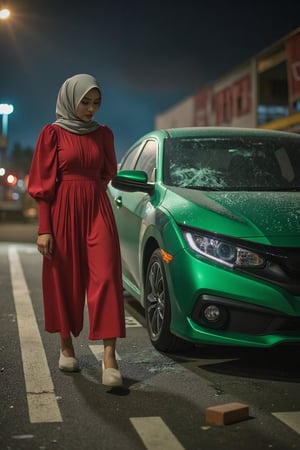 In the dim light of dusk, a young Malay woman, her face a storm of emotion, stands before a green Honda Civic. With trembling hands, she lifts a brick and slams it against the car, shattering the windows with a piercing sound. The once-pristine surface now bears deep dents and scratches from her relentless strikes. As the chaos within her reflects on the battered car, glimmering glass shards scatter across the pavement, telling a tale of anger, grief, or betrayal. Dressed in a red Puffblouse adorned with long skirt, a blurred towing truck contrast against the backdrop. This raw and violent scene captures a moment of intense emotion and an untold story, inviting contemplation and creativity in your artwork. l,Resaqis,MycarDesign