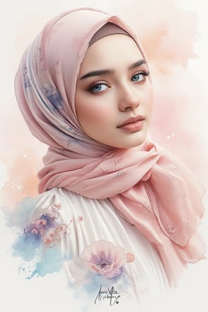 close-up portrait of a young woman with fair skin and delicate features, now wearing a hijab, created in a watercolor with oil painting and messy pen style. The girl has large, expressive blue eyes and slightly parted lips that suggest a thoughtful or wistful expression. Her hair is completely covered by the hijab, which is wrapped gracefully around her head and shoulders. The hijab is adorned with a soft, muted pattern that complements the floral designs on her puffblouse. The background features a soft, pastel gradient, enhancing the dreamy, ethereal atmosphere. The overall mood is gentle and whimsical, with a focus on cultural beauty and grace.”, elegant cursive handwritten signature of the name 'by Bob', with a small heart above the letter 'o', MsK,Sketching1.hanna,Pencil drawing,Sar4he,Puffblouse