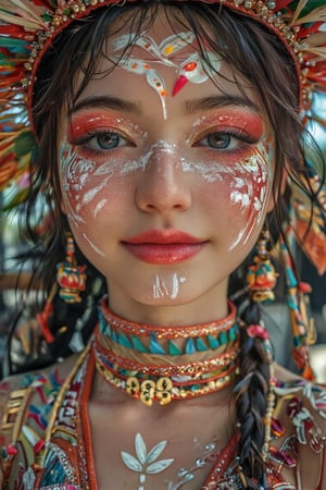 A young girl with a mischievous grin, adorned in a vibrant shaman costume, proudly showcases her face paint, featuring rough strokes and bold brushstrokes. Traditional ethnic motifs from Scandinavia and Inca cultures are expertly woven together across her face, neck, and arms, forming a stunning full-body art piece. With a playful pose, she captures the perfect selfie, surrounded by a subtle, dreamy haze, rendered in breathtaking UHD 4K detail, with an uncanny level of realism and high definition.,Midjourney_Whisper