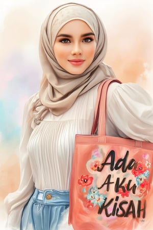 a young woman with fair skin, expressive hazel eyes, and a happy expression. She is wearing a hijab with a soft, muted pattern and a floral puff blouse. The tote bag is slung over her shoulder, vibrant tote bag with the text "ADA AKU KISAH." The style combines watercolor, oil painting, and messy pen techniques, set against a soft, pastel gradient background. The mood is gentle and whimsical, focusing on cultural beauty and grace. Include a cursive signature, 'by Bob', with a small heart above the 'o'.
MsK,Sketching1.hanna,Pencil drawing,Sar4he,Puffblouse,artberat,Shrin4,Dyn4Kay,Hijab girl,Mock-up style on subject