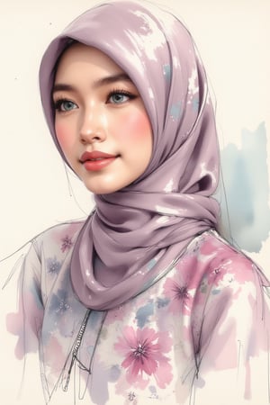 close-up portrait of a young malay girl with fair skin and delicate features, now wearing a hijab, created in a watercolor with oil painting and messy pen style. The girl has large, expressive blue eyes and slightly parted lips that suggest a thoughtful or wistful expression. the hijab, which is wrapped gracefully around her head and shoulders. The hijab is adorned with a soft, muted pattern that complements the floral designs on her dress. The background features a soft, pastel gradient, enhancing the dreamy, ethereal atmosphere. The overall mood is gentle and whimsical, with a focus on cultural beauty and grace.”,Dyn4Kay,Shrin4