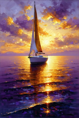 "Impressionist oil painting, canvas, sailboat gliding, calm sea, vibrant sunset, golden reflection on water, sky hues of purple, pink, orange, serene atmosphere, dynamic colors, Impressionist style."