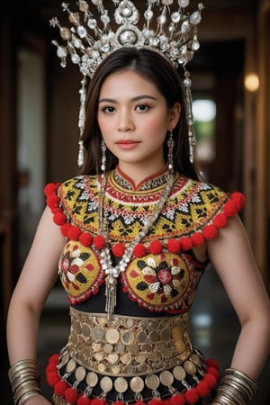 The image depicts a woman wearing a traditional IbanAttireXmiya from Sarawak, Malaysia, characterized by intricate craftsmanship and vibrant colors. She dons a silver, floral-adorned headpiece known as a "Sugu Tinggi," symbolizing beauty and prestige. Her beaded top, called "Baju Marik Empang," is detailed with yellow, red, and black geometric patterns, accented by red pom- poms along the edges, showcasing the Iban's beadwork artistry. Around her waist is a belt made of gold or brass coins, adding an element of opulence, while her arms are adorned with multiple bangles, enhancing the ceremonial elegance. The outfit is worn during important cultural events, reflecting the heritage and pride of the Iban people

Curly,PinupFlux,CK4t,Kebayabalilia,kebaya bali,RealisticNeemo,Kebaya.hanna,tudungtejaxhan,Zur1n3,kimono dress,Syazi89,IbanAttireXmiya