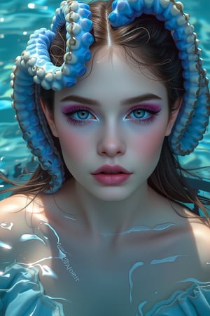 Girl with blue tentacles on her head, beautiful makeup and pale skin. Realistic, super detailed fantasy art style portraits with deep ocean background and fantasy realism style. Color palette includes blue-green tones, blue reflections and octopus-like hairstyle. The texture of the water is hyper-realistic.