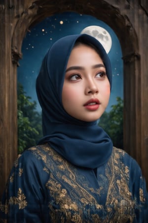 young Malay woman, in the dark, film grain, award winning, (green tint:0.5), looking to the side, oil painting, hazel eyes, pale skin, red cheeks, deep blue hijab, gold embroidery, upward gaze, cleft chin, deep dimples, thoughtful expression, ornate wooden archway framing, starry night sky, huge full moon, soft diffused lighting,Myzara35,H-Q hyperrealistic,hubggirl