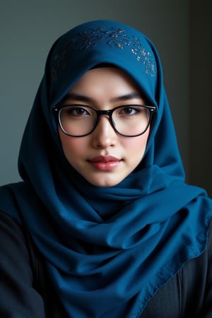 Portrait photography from a top view angle, (Enchanting Malay woman with glasses and flowing hijab:1.3), Head slightly tilted with an intense, angry expression, Round face with furrowed brows, Long, fluttering eyelashes, Bright ambient lighting highlighting features, (Luxurious blue headscarf:1.2) with intricate patterns, Dark, elegant attire complementing a perfect figure, Ethereal studio background with a soft gradient, Delicate bokeh effect enhancing depth, Captured with a Hasselblad camera, 85mm f/1.4 lens, Soft focus for a painterly effect, High dynamic range revealing subtle textures, Rich, vibrant colors creating a dynamic aura, Powerful and captivating atmosphere, Artistic and imaginative setting.