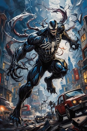 Picture Venom, mid-leap, his sinewy, muscular form detailed with thick acrylic impasto textures that highlight the strength and fluidity of his symbiotic body. Tendrils lash out from his limbs as he snarls, exposing razor-sharp teeth, with the iconic white spider symbol glowing on his chest. The background could feature a stormy night sky, lightning illuminating a chaotic urban battlefield beneath him, where shattered cars and debris blend with watercolor washes, creating an ominous, intense atmosphere. His eyes gleam with predatory focus, as a battle unfolds around him ,colored pencil drawing,WatercolorWash,Oil painting effect,WatercolorWash,artberat,Impasto Nature,WatercolorWash 