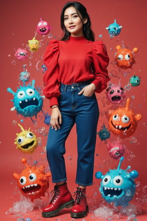 full-body shot , perspective angle of beautiful hipster young woman asian, she wearing red Puffblouse adorned with dark blue jeans and red Dr martens shoes, surrounded by 3d doodle of cute monsters in the style of Doodleoo, bubbles and splash water with vibrant colors, high resolution, high detail, high quality, high contrast, professional photography, professional lighting, precise details, solid color background, masterpiece, best quality, highres, perfect artwork
J4d3,Un4d,N4jku,Shrin4,Pixomeda style,N1N4,CK4t,Chenell,Peronaflx,Resaqis,Drmart