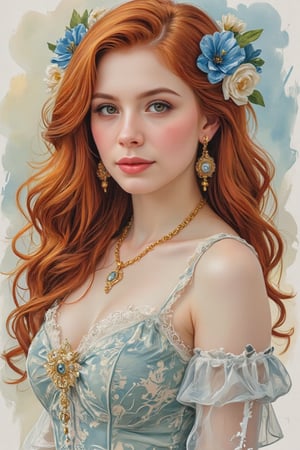 an ethereal portrait of a mystical goddess with flowing auburn hair adorned with vibrant blue and ivory flowers. She wears intricate gold jewelry and a delicate lace gown, exuding an aura of elegance and otherworldly beauty. The background is a soft, celestial glow that enhances the enchanting atmosphere.
,pencil drawing,colored pencil drawing,WatercolorWash,Oil painting effect,WatercolorWash,Zur1n3,Chenell,Syazi89,artberat,Puffblouse,Impasto Nature,WatercolorWash,PinupFlux