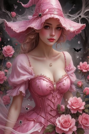 oil painting impasto pink female witch portrait beauty pretty soft dewy glow skin sparkle highlighter pink haired youthful witch web witch feminine retro vintage antique spiderwebs on her pointed pink witchhat wearing a spiderweb pink corset ribbon laced up, with dewdrops on a pink roses with spiderwebs with dewdrops on the webs halloween spiderwebs spider-web hd highres 4k 8k coquette aesthetic