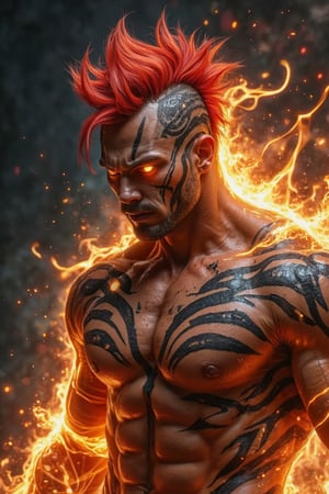 A muscular character with red spiky hair and glowing orange eyes, exuding a fiery and intense energy. Their skin is covered with intricate black tribal-like patterns, including stripes that run across their face, arms, and torso. The character has a fierce and focused expression, staring downward with a battle-ready stance. Fiery elements and embers swirl around them, enhancing the dramatic and intense atmosphere. The character appears to be surrounded by a dark, almost cosmic background, adding to their powerful and mystical presence.,Ry4nB,Red spiky hair