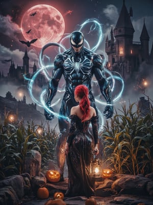 Create an 8k ultra-high resolution artwork where Venom takes center stage as the main character, standing with an imposing presence amidst a dark, futuristic city. His powerful form is accentuated by glowing tendrils of symbiotic energy, weaving through an eerie setting of holographic tombstones and luminous bats that flutter around him. A mystical woman with a red retro ponytail and gothic Victorian attire stands nearby, at the edge of a whispering cornfield illuminated by her ornate, glowing lantern. The scene unfolds under the watchful eye of a crumbling haunted castle and a blood-red moon, with jack-o'-lanterns casting playful shadows at their feet. This vivid composition, set against a watercolor sky filled with eerie digital clouds, combines elements of gothic allure and modern mystique, capturing the viewer's imagination with its high contrast, low saturation aesthetic.,L1ly