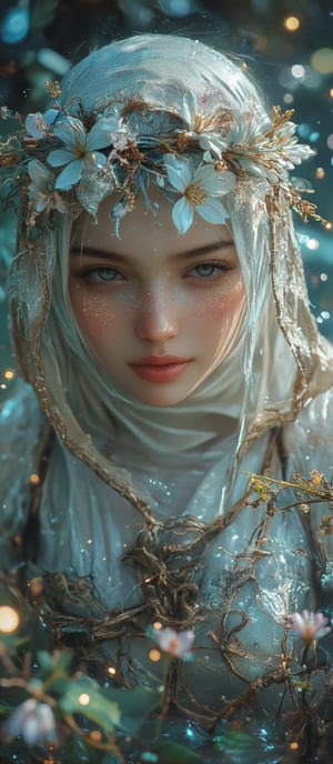 Enchanted, ethereal magical fractal mists, mysterious fractal smokes, luminous, beautiful hijabi moslem girl bathed in river, capturing soft magical light cast on face, surrounded by nymphaeas, translucent material capturing transparent fluid dynamics and exquisite reflection play, adorned with flowers in headband, fireflies, chiaroscuro, masterpiece-level detail, flower petals intricately rendered to emulate RossDraws' and Ghibli's art style reminiscent of Kimi No Na Wa, Greg Rutkowski's evocative lighting, trending on pixiv fanbox, ultra realism, natural, soft,
,ct-physmstyle, J4d3,Un4d,N4jku,Shrin4,Pixomeda style,N1N4,CK4t,Syazi89,Acrylic Gouache,Cyberendric,Acrylic Gouache,ct-physmstyle2,Acrylic Gouache 