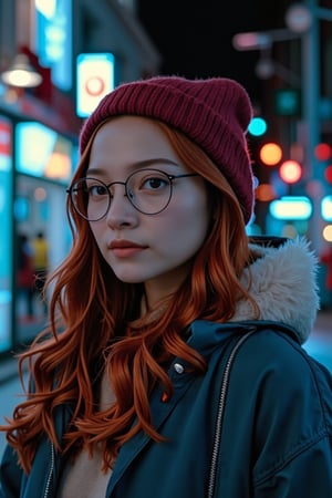 A cinematic, Extremely close-up portrait of a young woman in an urban night setting, shot from an eye-level perspective with a slight angle to emphasize her face and upper body. She has long, sleek red-chocolate hair in soft waves, wearing round vintage-style glasses and a red  knitted beanie. Her outfit consists of a layered blue winter leather wool collar jacket over a hoodie, giving a casual streetwear vibe. The lighting is soft and diffused, casting subtle cool-toned highlights on her face and hair, with gentle shadows to contour her features. The background features a blurred bokeh effect with soft blue and white city lights, enhancing the urban atmosphere. The overall color mood is cool and moody, dominated by blue, gray, and silver tones, creating a calm yet mysterious and slightly futuristic aesthetic.,J4d3,Un4d,N4jku