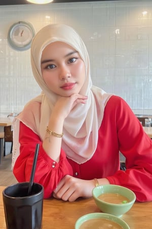 a young Asian woman is seated at a table in a restaurant. She is dressed in a red blouse with a white scarf tied around her head. Her hair is pulled back in a ponytail and she is wearing a gold bracelet on her left wrist. Her left hand is resting on her chin, adding a touch of balance to her face. Her eyes are a piercing blue, and her lips are a lighter shade of brown. A black coffee cup with a black straw is sitting on the table in front of her. Two green bowls are placed on the wooden table, one is filled with a brown liquid and the other is a light green. The backdrop of the restaurant is a white tiled wall with a clock on the left side of the frame.