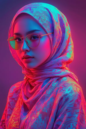 , hyper-stylized portrait of a young woman wearing a headscarf. The artwork should feature a neon-infused color palette with bold gradients of electric pink, cyan, purple, and gold. The woman’s face should be semi-realistic with smooth, clean lines, exaggerated features, and reflective shades or glasses that catch the surrounding colors. Use bright, contrasting highlights to emphasize her expression, blending pop art and vaporwave aesthetics. The headscarf should flow with dynamic, sweeping shapes, and the background should remain minimal, keeping the focus on the subject’s glowing, vibrant presence. The style should evoke a mix of digital airbrush and vector art, with a sleek and polished finish