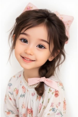 a medium-sized portrait of a young Asian girl with long dark brown hair and a pink bow in her hair. She is smiling, her lips are slightly parted, and her eyes are slightly open. Her hair is styled in a braid, and she is wearing a white blouse with a lace collar and a light pink bow tie. The background is a stark white, and the girl's dress is adorned with a floral pattern, adding a touch of color to the scene.