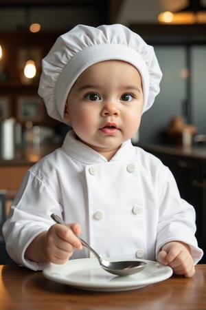 baby girl working as a cook, dressed in a white robe and cap, is holding a spoon,
Hasselblad X1D II 50C with a XCD 45mm f/ 3. 5 lens, using an aperture of
f/ 4, ISO 400, and a shutter speed of 1/ 125 sec, photorealistic, ad posters,
Fujicolor c200, sharp focus, depth of field