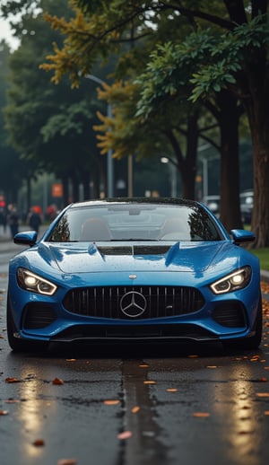 a blue sports car parked in front of a tree, a colorized photo, by Niko Henrichon, auto-destructive art, 🚀🚀🚀, mercedes, petals, amoled wallpaper, happy birthday, : :, blue and black scheme, in dazzle camouflaged robes, autumn, 🪔 🎨;🌞🌄, morning shot, front shot, luxury lifestyle, leafs,60s,70s,80s,90s,[FLUX]super sport car 2