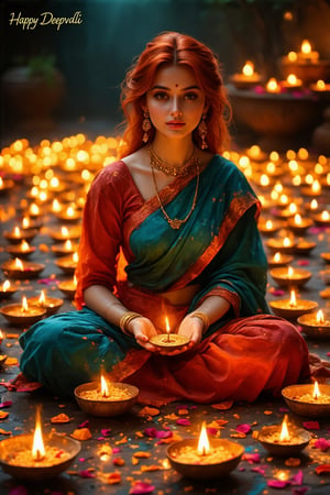 1woman,in the dark, film grain, award winning, (green tint:0.5), looking to the forward, redhead, oil painting, hazel eyes, saree, Surrounded by glowing Diwali lamps,, Warm lighting,Festive mood, Elegant word 'Happy Deepavali' on top Left, Traditional decor, Artistic design, holding unglazed oil lamps; decorative floor patterns; colored rice, flour, sand, flower petals; vibrant rangoli; good luck; Diwali night scene; colorful;. background