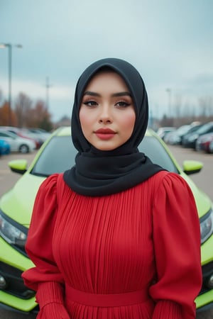 Captured at eye-level, a muslim woman stands in front of a vibrant green Honda Civic FE. She is dressed in a red Puffblouse, adorned with a black scarf around her head, adding a pop of color to her face. The woman's lips are painted a vibrant red. The backdrop, a parking lot filled with cars, is blurred in the distance. The sky is a muted blue, with a few wispy clouds.