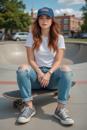 a young woman sitting on a skateboard. The woman is wearing a blue baseball cap, a white t-shirt, and blue jeans. Her jeans are ripped up at the knees, and she is sitting on the skateboard with her legs crossed. Her sneakers are gray with white laces. Her hair is long and brown. The background skate park