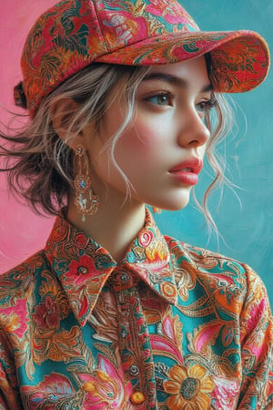  detailed and artistic portrait of a young woman with short, wavy white hair, blending elements of realism and minimalist vector art. Her hair is styled with rough digital brush strokes, and she wears large hoop earrings and a baseball cap. Her outfit is a vibrant blouse adorned with intricate Malay batik patterns, featuring traditional floral and geometric motifs in rich tones of teal, pink, yellow, and gold. The lighting is extremely bright and overexposed, focusing sharply on her facial features with a cinematic, studio-like quality. The background transitions from a deep pink to a flat, pure Klein Blue, maintaining a minimalist, clean aesthetic. This composition combines speed painting and low-poly sketch elements, creating a soft yet dynamic image, while the traditional Malay batik adds cultural richness to her attire
.,BatikPattern,Midjourney_Whisper