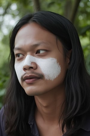 outdoor setting, trees in background, malaysian man with long dark hair, face filled with white powder, slightly eyes look sideways, wearing a dark shirt, natural lighting, greenery, casual composition, soft textures, focus on upper body, serene environment