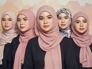 striking portrait of seven women adorned in hijabs, rendered in a Stirling impasto-style with bold, textured brushwork and a semi-realistic approach. Use a pastel knife color palette to bring out their features, with light casting soft shadows across their faces and hijabs. A gentle rim light outlines one side of each face, adding depth and dimension. The background features a warm pastel watercolor wash, enhancing the serene and harmonious composition assorted colours of hijabs
,Syazi89,RealisticNeemo,ArcylicOil Painting 1,Dyn4Kay,Shrin4