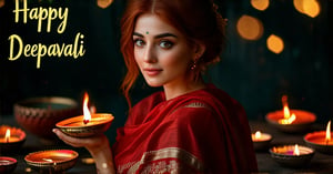 1woman,in the dark, film grain, award winning, (green tint:0.5), looking to the forward, redhead, oil painting, hazel eyes, saree, Surrounded by glowing Diwali lamps, Bokeh background, Warm lighting,Festive mood, Elegant word 'Happy Deepavali' on top Left, Traditional decor, Artistic design, holding Diwali lamps