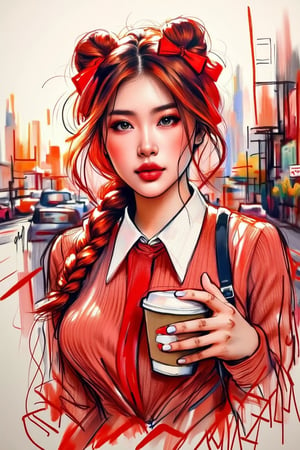 "Illustrate a young woman with striking red hair in messy buns with two large red bows and a long braid. She has striking green eyes, pale skin with freckles, and rosy cheeks. Her expression is playful, as if blowing a kiss,wearing elegant, modest red office attire, holding a cup of coffee, urban backdrop bathed in the ethereal glow of morning sunrays in the background elegant ', MsK,Sketching1.hanna,Pencil drawing,N1N4