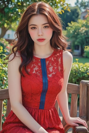 An acrylic gouache painting of a woman with long dark brown hair, wearing a red sleeveless dress, adorned with a blue stripe down the center of her chest depicted in vibrant, textured brushstrokes. with soft, diffused lighting that highlights her delicate features The girl is framed mid-shot, her expression serene and contemplative. The composition is balanced, with the garden background gently blurred, drawing focus to her timeless elegance and the rich, textured surface of the painting. She is leaning on a wooden bench, her left arm resting on the arm of the bench. The woman's right arm is draped over her left shoulder, adding a touch of contrast to her red dress
J4d3,Un4d,N4jku,Shrin4,Pixomeda style,N1N4,CK4t,Syazi89,Acrylic Gouache 