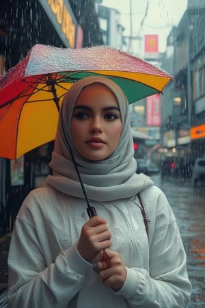 In a cinematic setting bathed in moody lighting, a stunning lady wearing a hijab and white hoodie sweatshirt stands confidently amidst torrential rain, her flawless complexion radiating warmth against the grey backdrop. Framed by the rain-soaked environment, she grasps a vibrant umbrella, its colors popping against the drizzle. Her defined eyebrows and subtle eyeshadow accentuate her detailed eyes, while invitingly plump lips seem to beckon the viewer. The photorealistic rendering is so lifelike that raindrops glistening on her hijab appear ready to be touched