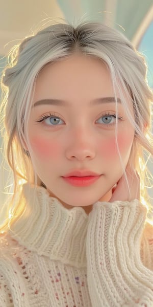 highly detailed portrait of a young woman with delicate, anime-inspired features, in the style of Estelle Asmodelle art. She has platinum silver hair styled in soft waves, with wisps falling gently around her face. Her large, expressive eyes are a striking shade of blue, with long lashes and a subtle shimmer. Her skin is pale with a hint of blush and freckles across her cheeks. She wears a cozy, textured cream-colored knit sweater with lace details, giving a soft and warm appearance. The background is softly lit, with a warm glow highlighting her features, creating an ethereal, dreamlike quality. The style should have soft brush strokes, vibrant colors, and a delicate, almost surreal, lifelike touch reminiscent of Estelle Asmodelle’s art