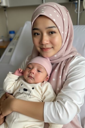 a heartwarming and serene scene of a mother holding her newborn baby in a hospital setting. The mother is wearing a soft pink polka-dot hijab, radiating warmth and happiness as she cradles the baby in her arms. The newborn wears a cute cream-colored outfit with a teddy bear pattern, looking calm and curious. Capture the gentle lighting and peaceful atmosphere of a postnatal ward, with the hospital bed and surrounding medical equipment in soft focus, allowing the emotional connection between mother and child to be the centerpiece of the composition
