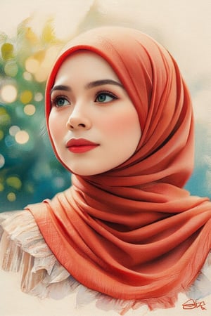 Portrait drawing of a young Malay woman with pale skin, dimples, ginger long hijab, and striking green eyes, red cheeks, blue eyeshadow, She is looking upwards thoughtfully, with the perspective captured from below. Use selective colors, emphasizing red for her hair and green for her eyes. Incorporate hatching strokes to add texture and depth to the portrait. She wear Puffblouse, The lighting should be soft and natural, casting a gentle glow on her face. The background should be slightly blurred to keep the focus on her serene and contemplative expression. Use a combination of watercolor, oil painting, and messy colour pencils techniques to give the artwork a textured and artistic feel.,pencil drawing,colored pencil drawing,WatercolorWash,Oil painting effect,WatercolorWash,Zur1n3,Chenell,Syazi89