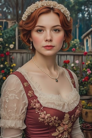 An acrylic gouache painting of a Victorian-era girl, depicted in vibrant, textured brushstrokes. The girl is dressed in a classic Victorian gown, with intricate lace and ruffles. The scene is set in a quaint, old-fashioned garden, with soft, diffused lighting that highlights her delicate features and the detailed embroidery of her dress. The girl is framed mid-shot, her expression serene and contemplative. The composition is balanced, with the garden background gently blurred, drawing focus to her timeless elegance and the rich, textured surface of the painting.,Syazi89