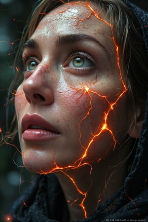 An extreme close-up, digital illustration of a 3/4 view portrait of a 70 years old hijab woman with striking green eyes and soft, natural pink lips, cleft chin. Her skin is cracked and fragmented, looking up with glowing molten-orange light seeping from the cracks, resembling molten lava. The glow highlights the contours of her face in a dramatic, ethereal way. The moody background is dark and shadowy, contrasting the vibrant light, giving the scene a mysterious, intense atmosphere. Focus on the intricate textures of her skin and the vibrant glow emanating from the cracks, with special attention to the eyes and lips,detailed skin pore style
J4d3,Un4d,N4jku,Shrin4,Pixomeda style,N1N4,CK4t