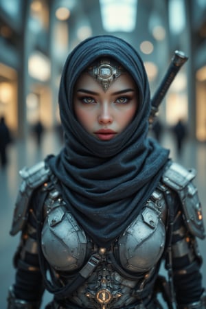 Close-up of a person in a sword costume, wear futuristic suit cybershawl and long hijab、screenshot、Cyberpunk art、Lü Ji、Cyber Japan Armor、Cyber Japan Samurai Armor、Cyber Japan style armor、Cyberpunk Anime Girl、Very beautiful cyberpunk samurai.,aidmafluxpro1.1,Zur1n3