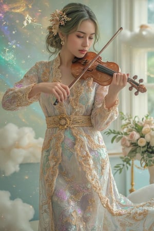 A dreamy, fantasy-like scene of a young woman playing a violin amidst floating clouds. She wears a flowing, iridescent kebaya adorned with intricate lace and soft golden embroidery, shimmering as if woven from stardust. Her hair is styled in vintage curls, with shades of deep green, adorned with delicate flowers that accentuate the ethereal vibe. The background is a surreal fusion of music notes and glowing constellations, blending into a soft pastel sky. The scene captures an ethereal glow, with hues of gold, lavender, blue, and hints of emerald swirling around her, creating a magical, otherworldly ambiance.,L1ly,Kebayabalilia,kebaya bali