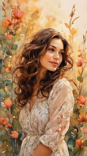 A serene watercolor portrait of an 18-year-old beauty, gazing softly into the distance. Her luscious curly brown hair dances in harmony with each gentle movement, as her radiant smile illuminates the scene like a warm sunrise. Against a stunning natural backdrop, delicate petals and lush foliage subtly complement her features. The soft focus and gentle brushstrokes evoke a sense of tranquility, while the subtle interplay of light and shadow creates a captivating dynamic.,Zur1n3