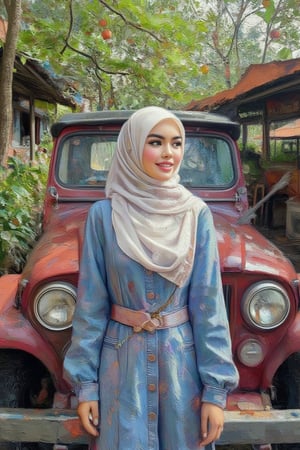 A beautiful Malay wearing white hijab with curly eyelashes, Cupid's bow lips, wearing a Jean dress, belt bottom jeans standing at a Retro car, a cranberry red Jeep parked in the vintage cafe surrounded by a lush forest, nostalgic vibes of the 1980s, with a beautiful smile, contouring and highlighting makeup, in a watercolor digital painting with gouache colors and alcohol ink effects, set in a vintage cafe as the background, in HD, 8K, ultra sharp