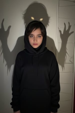 A young woman with short, black hijab stands confidently in a black hoodie, with the hood up. She has a calm, almost innocent expression. Behind her on the wall, a shadow is cast that takes the shape of a menacing, monstrous figure with sharp, jagged teeth and glowing eyes, creating a stark contrast between her peaceful appearance and the dark, sinister reflection. The lighting is soft, with a focus on the girl, while the shadow adds an eerie and mysterious atmosphere