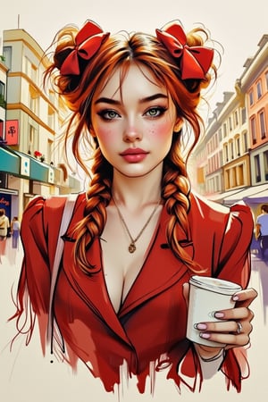 "Illustrate a young woman with striking red hair in messy buns with two large red bows and a long braid. She has striking green eyes, pale skin with freckles, and rosy cheeks. Her expression is playful, as if blowing a kiss,wearing elegant, modest red office attire, holding a cup of coffee, urban backdrop bathed in the ethereal glow of morning sunrays in the background elegant ', MsK,Sketching1.hanna,Pencil drawing