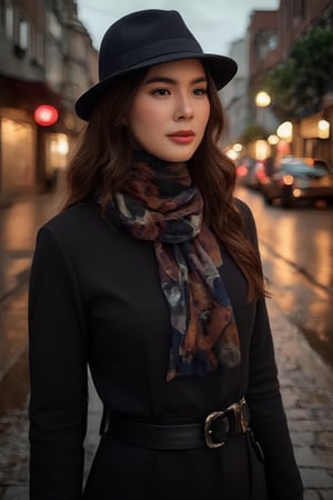  A sultry woman adorned with a stylish scarf and fedora poses languidly against a rain-soaked city street at dusk. The noir-inspired photography captures her enigmatic presence amidst the darkness, where deep shadows dance across her porcelain skin. Soft focus and dramatic contrast evoke a sense of mystery, as she gazes out into the misty night air.,