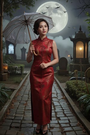 In a dimly lit cemetery at night, a gigantic moon casts its ethereal light over a scene dominated by a huge tombstone. A beautiful, well-rounded voluptuous woman stands gracefully on a cobblestone path, holding a transparent umbrella in her right hand. She is elegantly dressed in a striking red cheongsam with intricate lace patterns, her hair styled in voluminous Victory Rolls. She playfully winks her left hazel eye, exuding charm and sophistication. The background blends a serene Chinese garden with soft, blurred elements, featuring bamboo structures, while bats flutter silently in the night sky and a ghostly mist swirls around, creating a haunting yet captivating ambiance.

Curly,PinupFlux,RealisticNeemo,J4d3,Cheongsam.hanna,DarkHalloween,L1ly